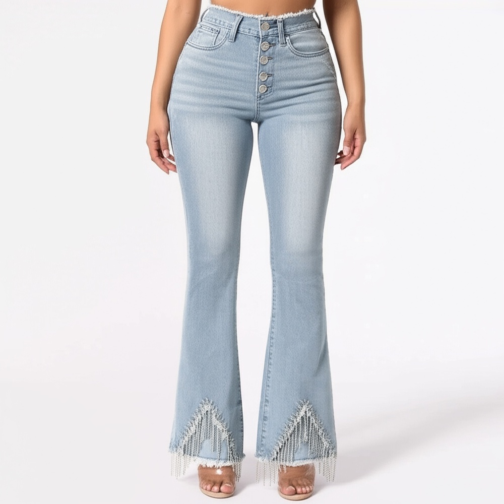 NWT DENIM COUTURE JeansSize 1 Light Wash Flared Rhinestone Fringe Distressed